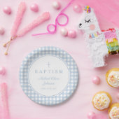Elegant Baby Blue Gingham Boy Baptism ペーパープレート (パーティー)