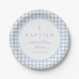 Elegant Baby Blue Gingham Boy Baptism ペーパープレート