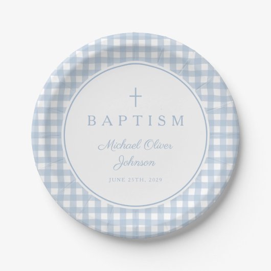 Elegant Baby Blue Gingham Boy Baptism ペーパープレート (正面)