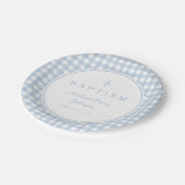 Elegant Baby Blue Gingham Boy Baptism ペーパープレート (アングル)