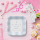 Elegant Baby Blue Gingham Boy Baptism ペーパープレート (パーティー)