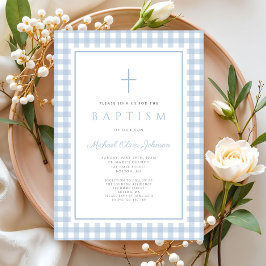 Elegant Baby Blue Gingham Boy Baptism 招待状