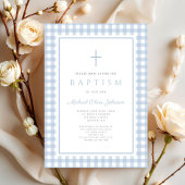 Elegant Baby Blue Gingham Boy Baptism 招待状