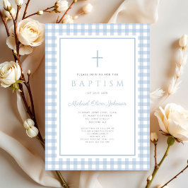 Elegant Baby Blue Gingham Boy Baptism 招待状