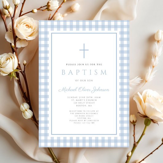 Elegant Baby Blue Gingham Boy Baptism 招待状