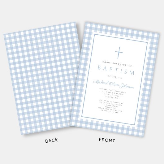 Elegant Baby Blue Gingham Boy Baptism 招待状