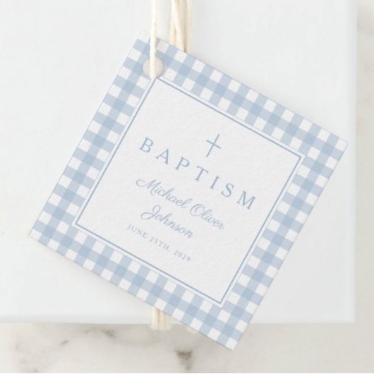 Elegant Baby Blue Gingham Boy Baptism Thank You  フェイバータグ