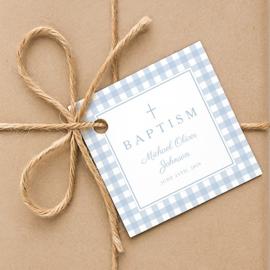 Elegant Baby Blue Gingham Boy Baptism Thank You フェイバータグ
