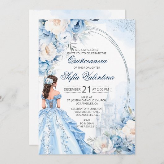 Elegant Baby Blue Quinceañera Invitation 招待状 (正面/裏面)