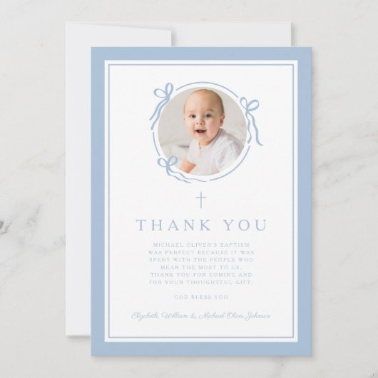 Elegant Baby Blue Religious Baptism Photo サンキューカード (正面)