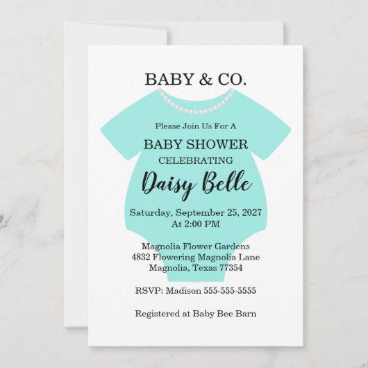 Elegant Baby & Co Black Teal Baby Shower 招待状 (正面)