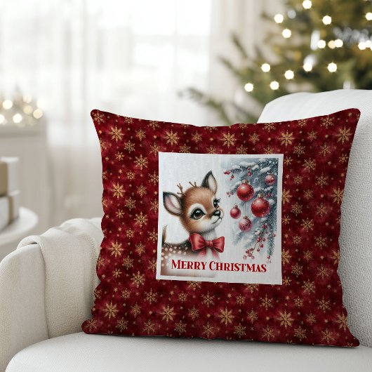 Elegant Baby Deer Snowy Forest Christmas Pillow   クッション
