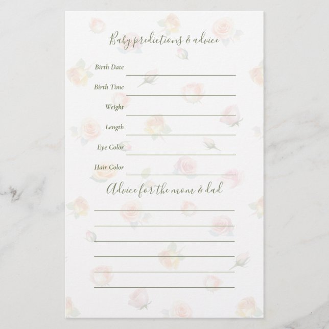 Elegant Baby in Bloom Baby Shower Guessing Game (正面)