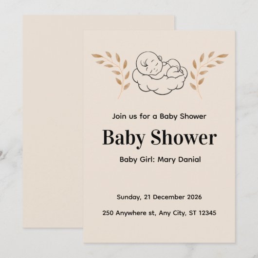 Elegant Baby Shower Invitation Modern Boho style 招待状 (正面/裏面)