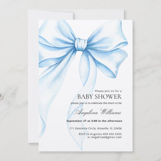 Elegant Baby Shower Invitation with a Blue Bow.  招待状 (正面)