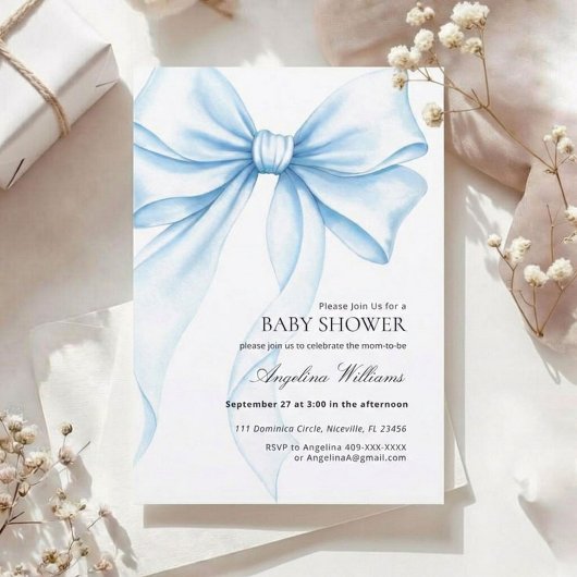 Elegant Baby Shower Invitation with a Blue Bow.  招待状