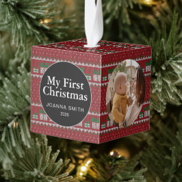 Elegant Baby's First Christmas Custom Name Photo  キューブオーナメント