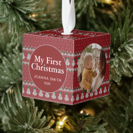 Elegant Baby's First Christmas Custom Name Photo  キューブオーナメント