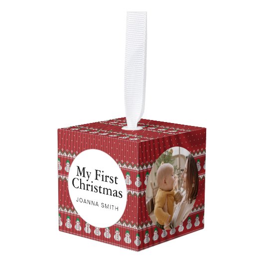 Elegant Baby's First Christmas Custom Name Photo キューブオーナメント (正面アングル)