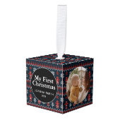 Elegant Baby's First Christmas Custom Name Photo  キューブオーナメント (正面アングル)