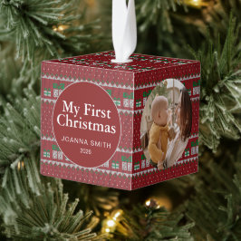 Elegant Baby's First Christmas Custom Name Photo  キューブオーナメント
