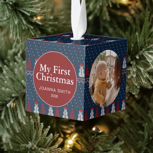 Elegant Baby's First Christmas Custom Name Photo  キューブオーナメント (ツリー)