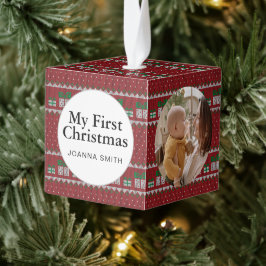 Elegant Baby's First Christmas Custom Name Photo  キューブオーナメント