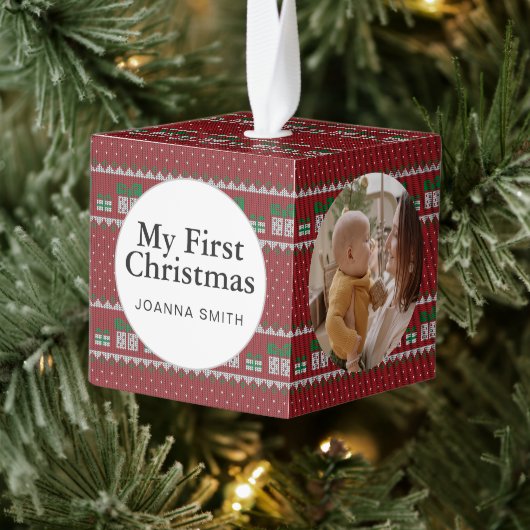 Elegant Baby's First Christmas Custom Name Photo  キューブオーナメント (ツリー)