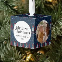 Elegant Baby's First Christmas Custom Name Photo  キューブオーナメント