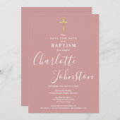 Elegant Baptism Christening Dusty Rose Pink セーブザデート (正面/裏面)