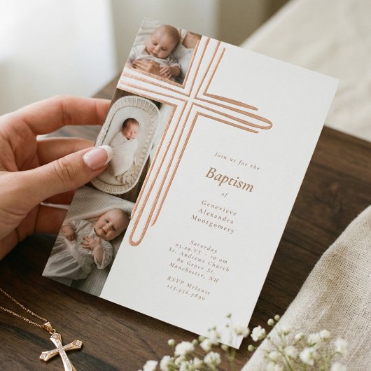 Elegant Baptism Christening Religious Cross Photo 箔招待状