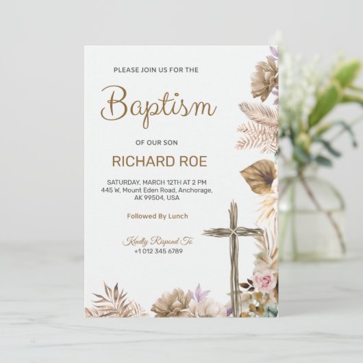 Elegant baptism invitation featuring floral accent 招待状 (スタンド正面)