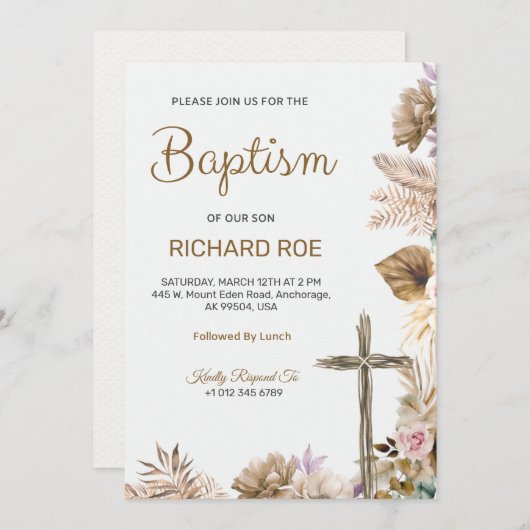 Elegant baptism invitation featuring floral accent 招待状 (正面/裏面)