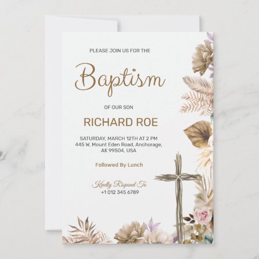 Elegant baptism invitation featuring floral accent 招待状 (正面)