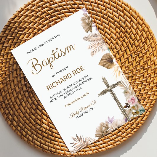 Elegant baptism invitation featuring floral accent 招待状