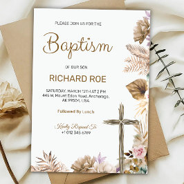 Elegant baptism invitation featuring floral accent 招待状