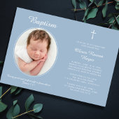 Elegant Baptism Religious Cross Photo Dusty Blue 招待状