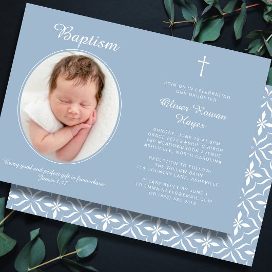 Elegant Baptism Religious Cross Photo Dusty Blue 招待状