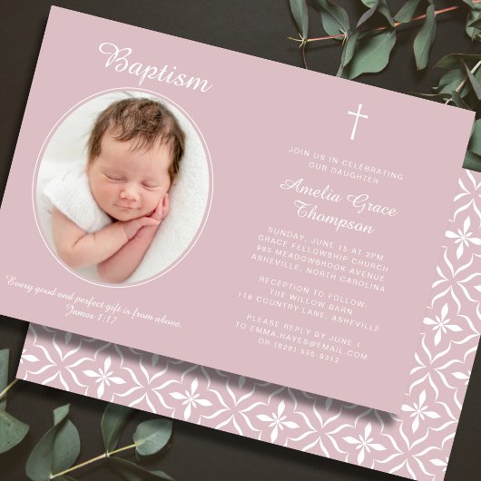 Elegant Baptism Religious Cross Photo Dusty Pink 招待状