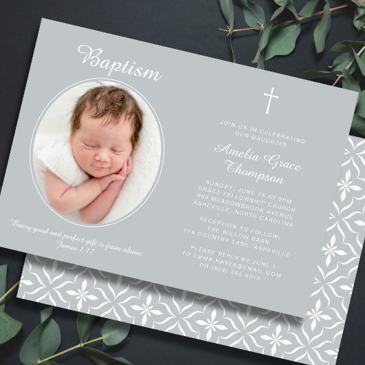 Elegant Baptism Religious Cross Photo Neutral Gray 招待状