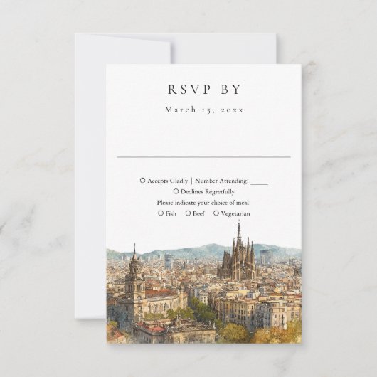 Elegant Barcelona Skyline Watercolor Wedding 出欠カード (正面)