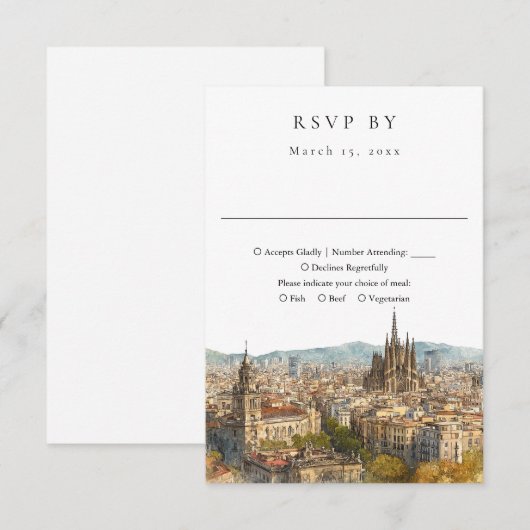 Elegant Barcelona Skyline Watercolor Wedding 出欠カード (正面/裏面)