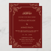 Elegant Baroque Frame Gold Burgundy Muslim Wedding 招待状 (正面/裏面)