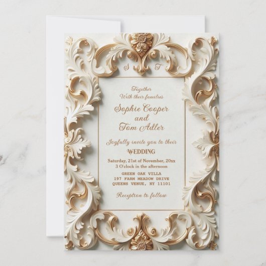 Elegant Baroque Opulence Ivory Gold Frame Wedding 招待状 (正面)