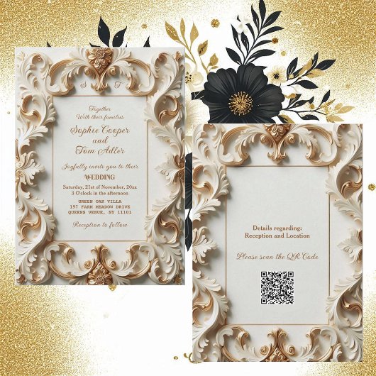 Elegant Baroque Opulence Ivory Gold Frame Wedding 招待状
