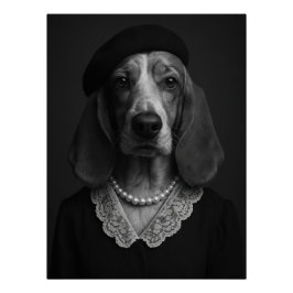 Elegant Basset Hound Lady with Beret and Pearl ポスター