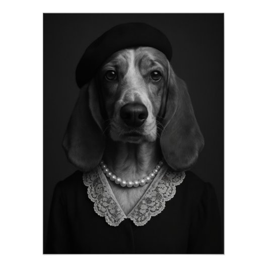 Elegant Basset Hound Lady with Beret and Pearl ポスター (正面)