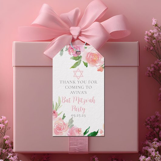 Elegant Bat Mitzvah Party Personalized Pink Floral ギフトタグ