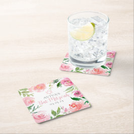 Elegant Bat Mitzvah Party Personalized Pink Floral スクエアペーパーコースター