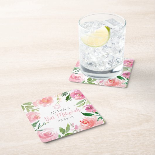Elegant Bat Mitzvah Party Personalized Pink Floral スクエアペーパーコースター (インサイチュ)
